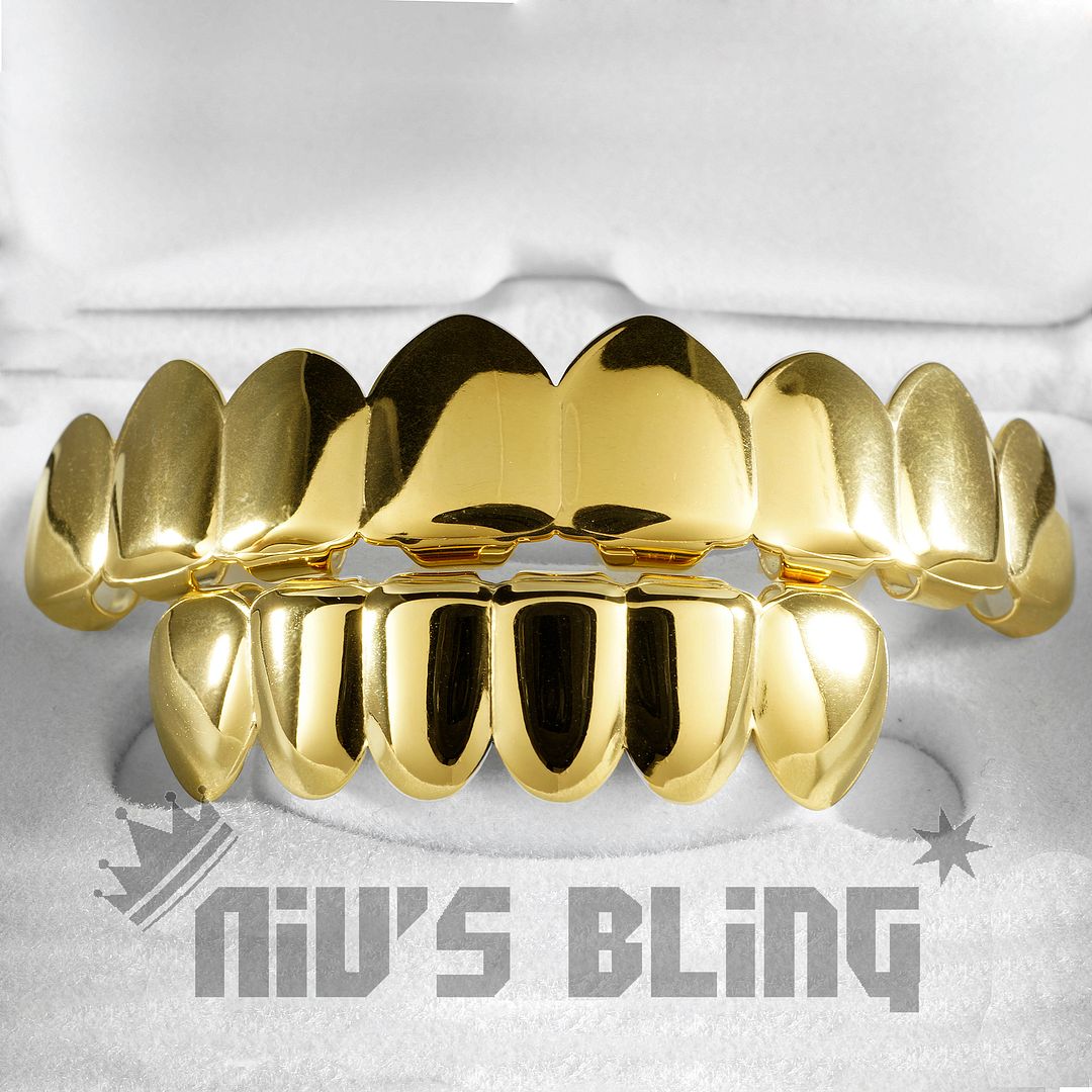 18K IP Gold Plated GRILLZ 8 Tooth Top Bottom Mouth Hip Hop STAINLESS